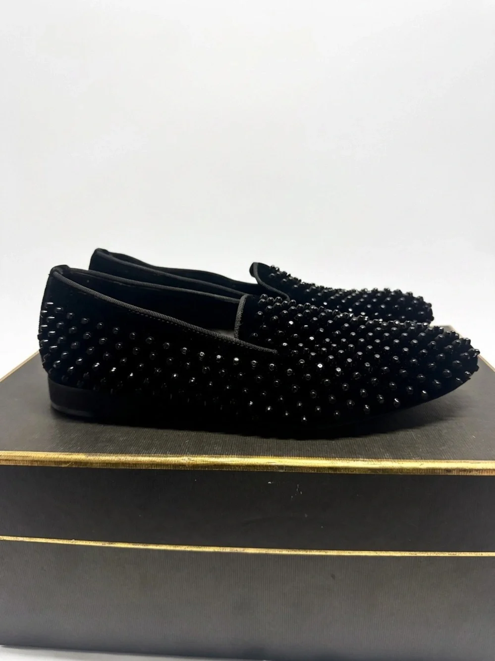Black Studded Velvet Slip-On Loafers